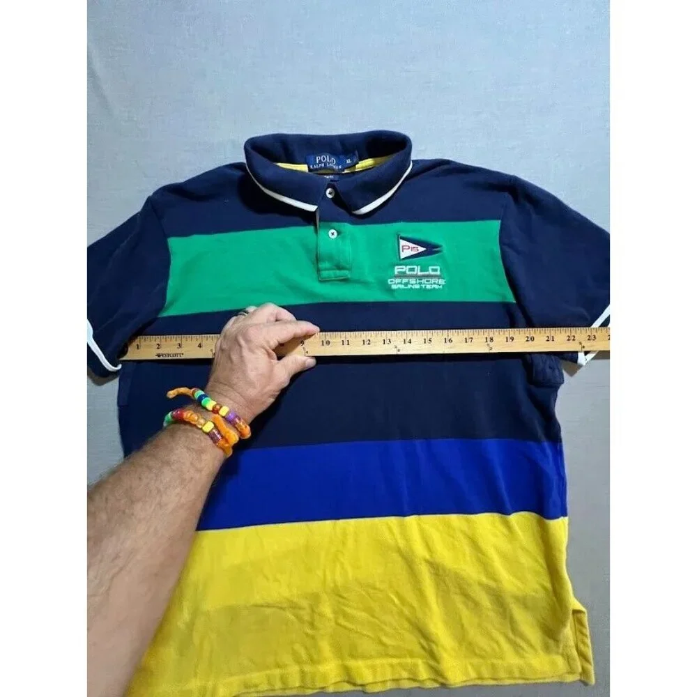 Ralph Lauren Polo Shirt Adult Extra Large Blue Yellow Striped Button Golfer Mens